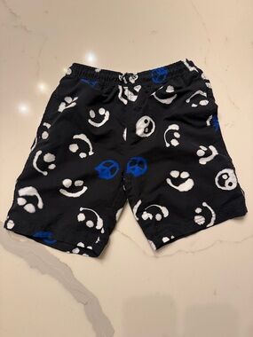 Molo Black Swim Shorts with White Smiley and Blue Accents